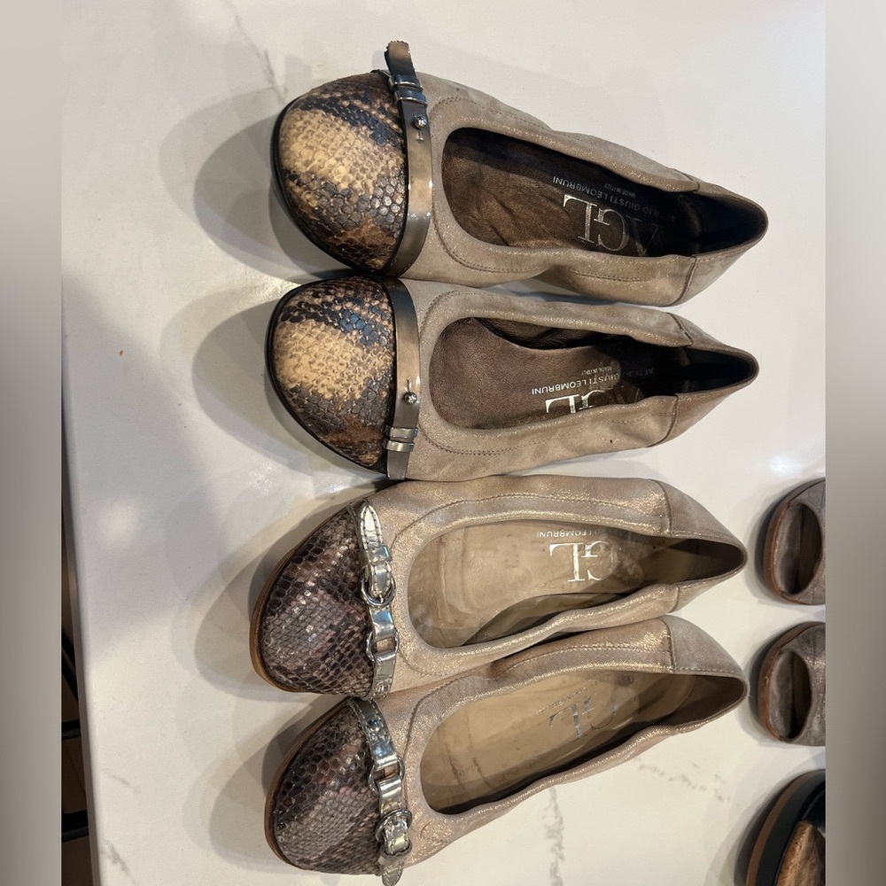 2 Pairs of AGL Taupe and Snakeskin Loafers with Metallic Accents - Size 38.5